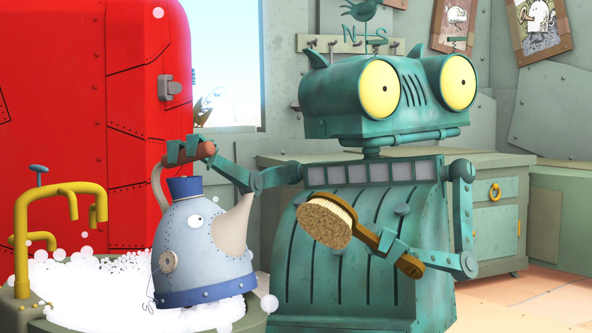 Röstis Doppelgänger kümmert sich um den Abwasch ... Er putzt gerade eine Teekanne.