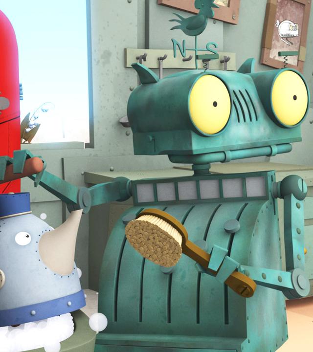 Röstis Doppelgänger kümmert sich um den Abwasch ... Er putzt gerade eine Teekanne.