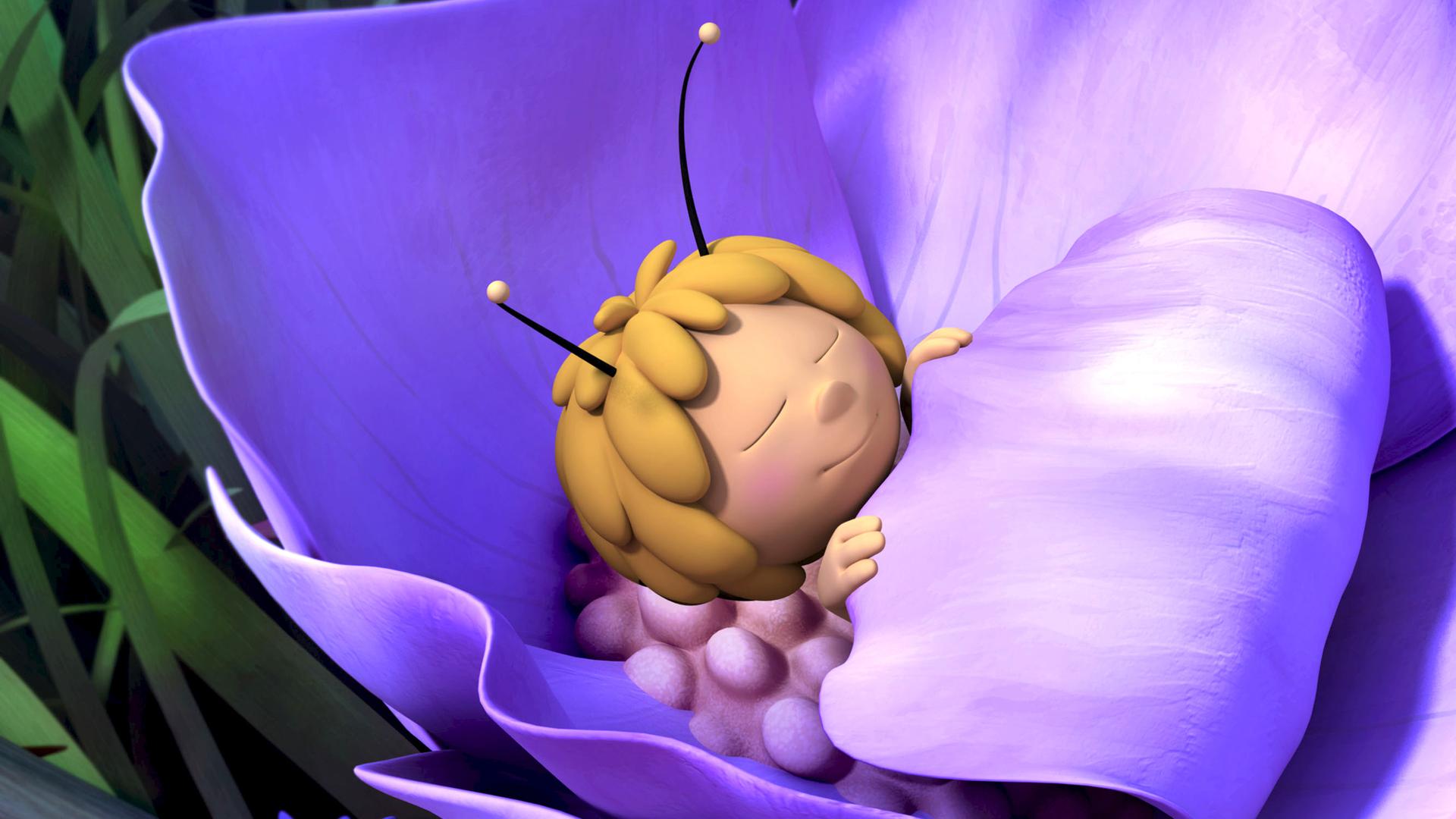 Maja liegt in ihrem Blütenbett.