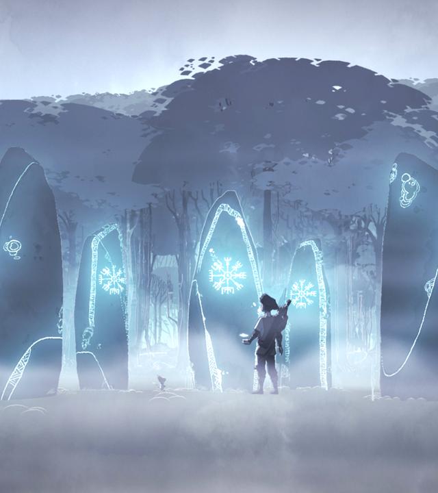 Hugo steht auf einer mystischen Lichtung vor einem Steinkreis. Auf den großen Steinfelsen leuchten magische Symbole.