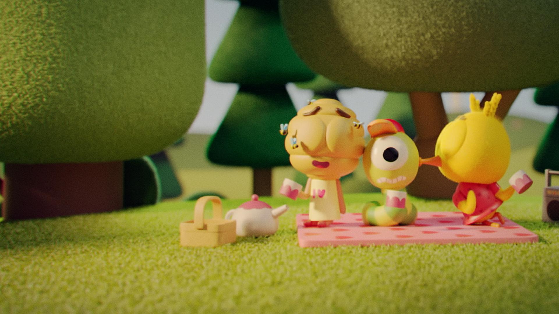 In der Mitte des Bildes sitzt Wurm Glitsch gemeinsam mit Flora, dem Bienenstock-Mädchen, und Küken Karla auf einer Wiese. Sie sitzen auf einer rosagetupften Picknickdecke. Karla küsst Glitsch auf die Wange. Flora sitzt auf der anderen Seite und hat ihre Augen schwärmend geschlossen. Neben Karla steht ein Radio auf der Wiese und neben Flora ein Körbchen und eine Teekanne. Im Hintergrund befinden sich große Bäume.