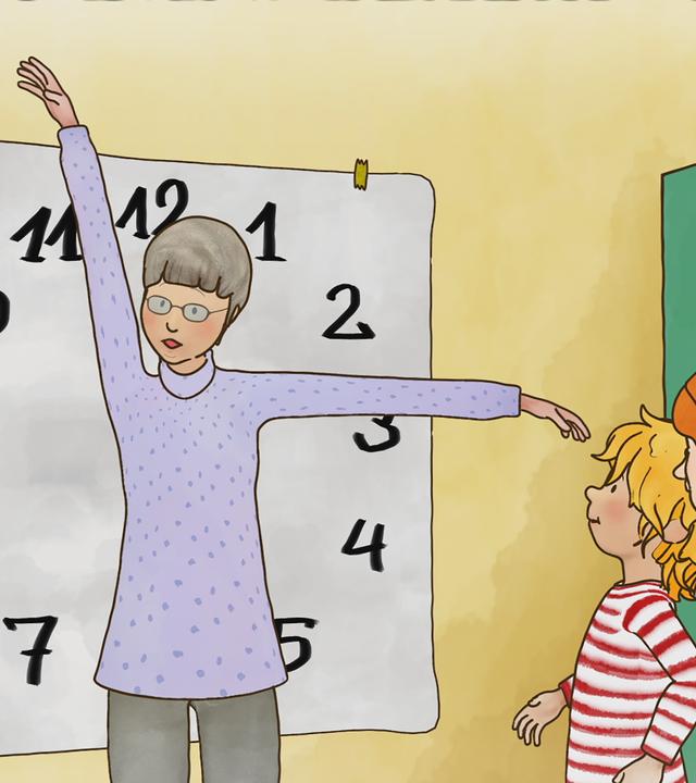 Oma macht mit Conni und den Kindern Uhrgymnastik. Sie streckt ihre beiden Arme so in die Luft, sodass es aussieht, als wäre es kurz vor Drei Uhr.