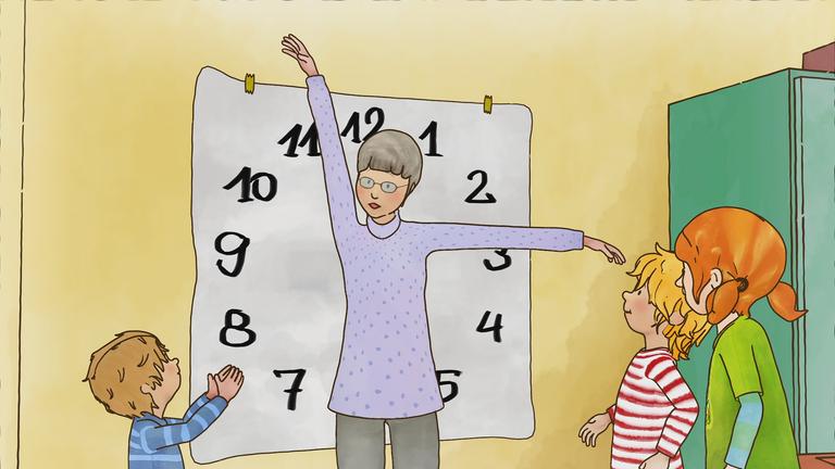 Oma macht mit Conni und den Kindern Uhrgymnastik. Sie streckt ihre beiden Arme so in die Luft, sodass es aussieht, als wäre es kurz vor Drei Uhr.
