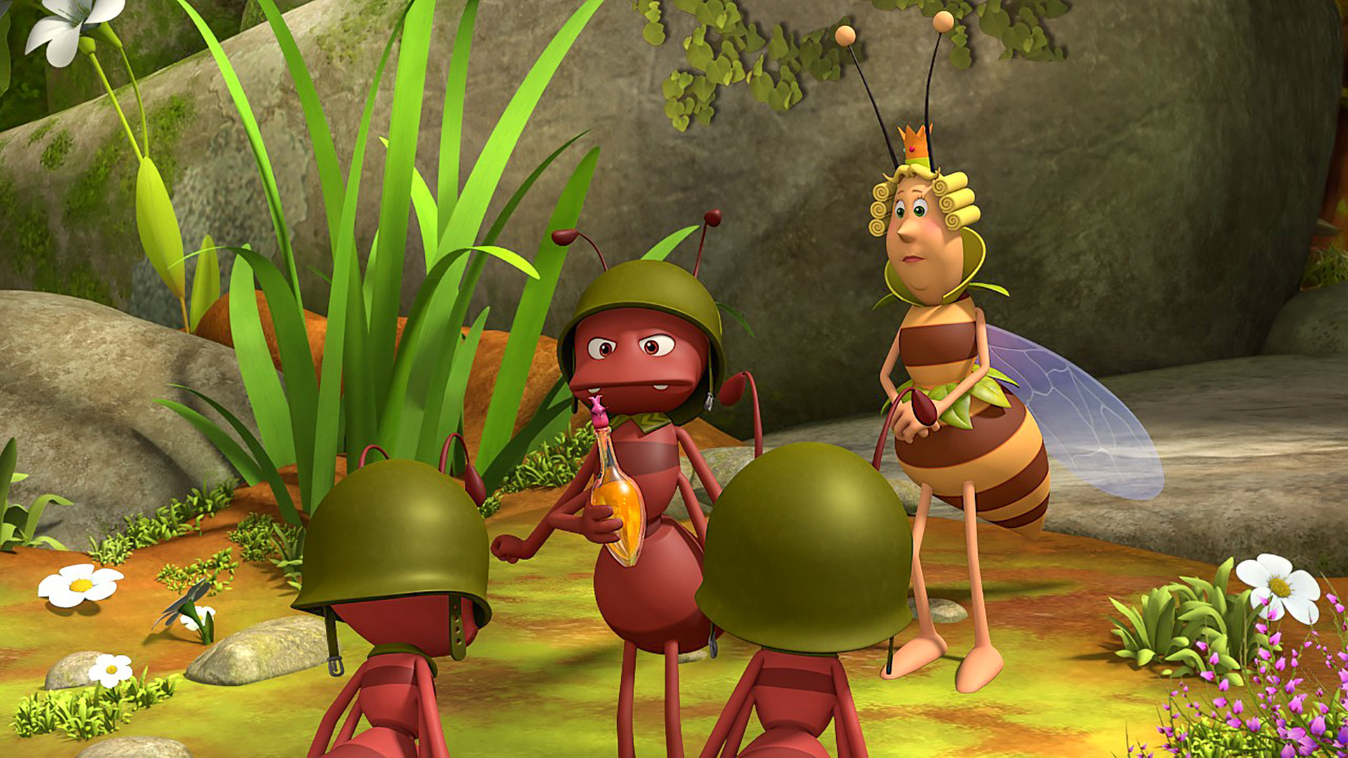 Paul überreicht den wertvollen gelben Flakon seinen beiden untergebenen Ameisen. Die Bienenkönigin steht hinter ihm.