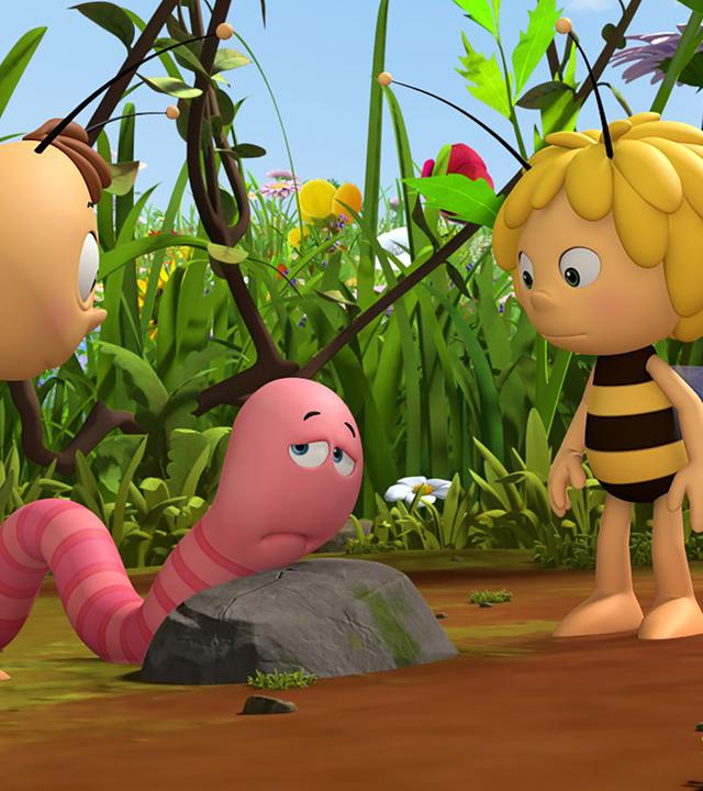 Max ist niedergeschlagen und lehnt über einem Stein. Maja und Willi wollen helfen.