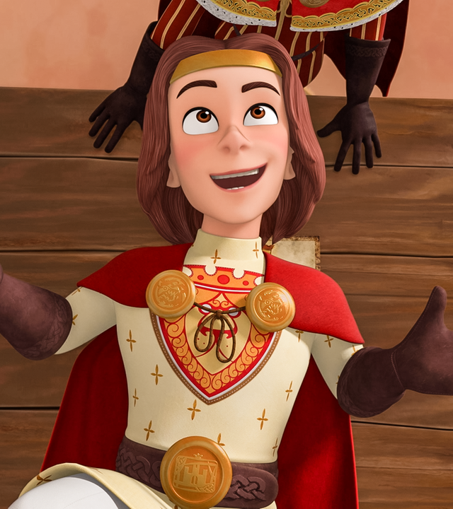 König Richard hält in seiner rechten Hand einen Pinsel mit roter Farbe. Er liegt mit dem Rücken auf einem Tisch und trägt keine Krone. Er blickt fröhlich nach vorne. 