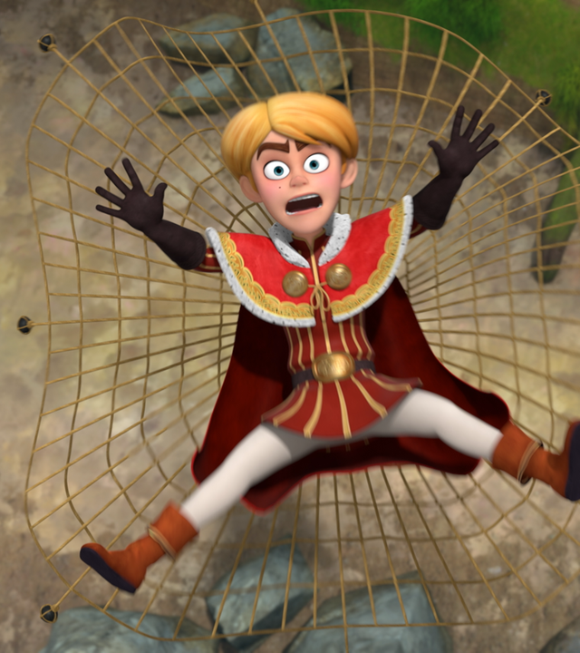 Prinz John fällt rücklings einen Felsen hinunter. Er hat alle viere von sich gestreckt und die Augen weit aufgerissen, während er in ein Netz fällt, das unter ihm gespannt wurde.