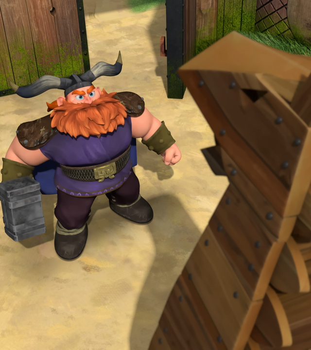 Fürst Harald (links) steht vor dem halboffenen Tor und blickt erfürchtig hinauf zum trojanischen Drachen (rechts).