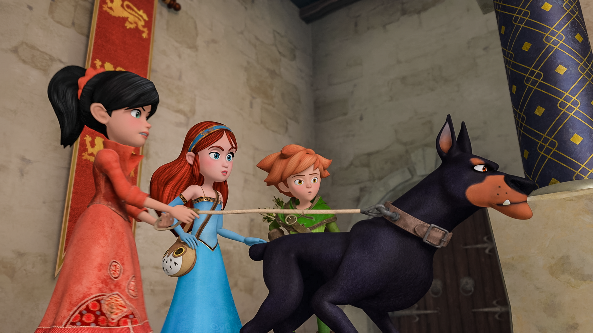 Scarlett, Marian und Robin Hood halten die Leine von Hund Flynn.