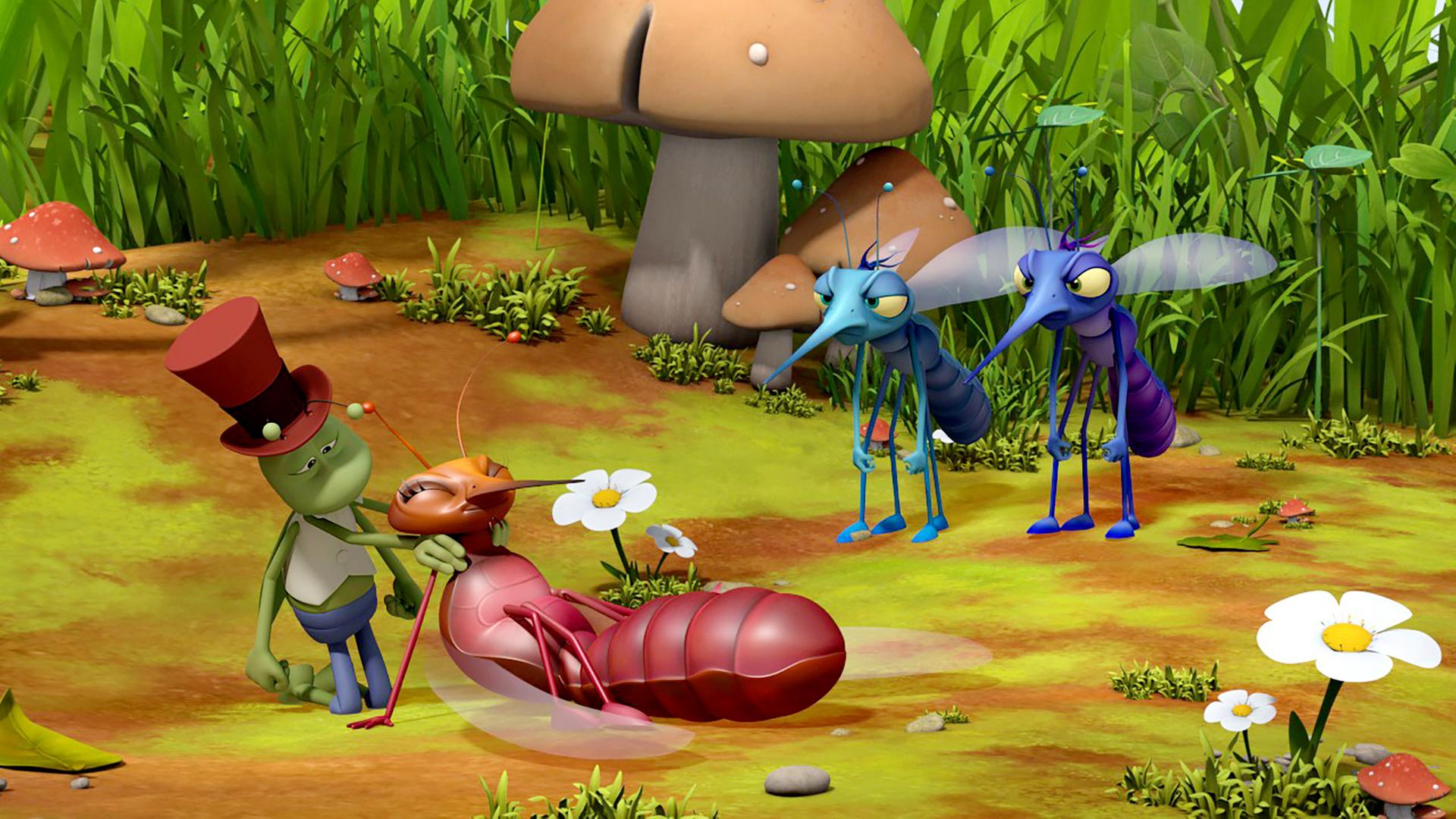 Flip kümmert sich um eine angeschlagene Mücke. Zwei andere Mücken schauen verstimmt zu.