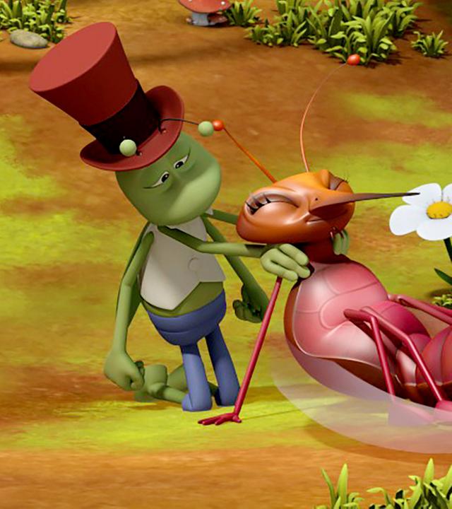 Flip kümmert sich um eine angeschlagene Mücke. Zwei andere Mücken schauen verstimmt zu.