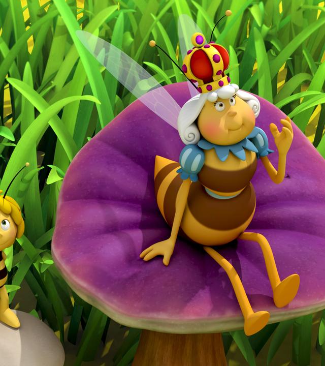 Die Bienenkönigin hat den Bienenstock verlassen und sitzt nun entspannt auf einer Blume auf der Wiese. Neben ihr steht Maja auf einem Stein.