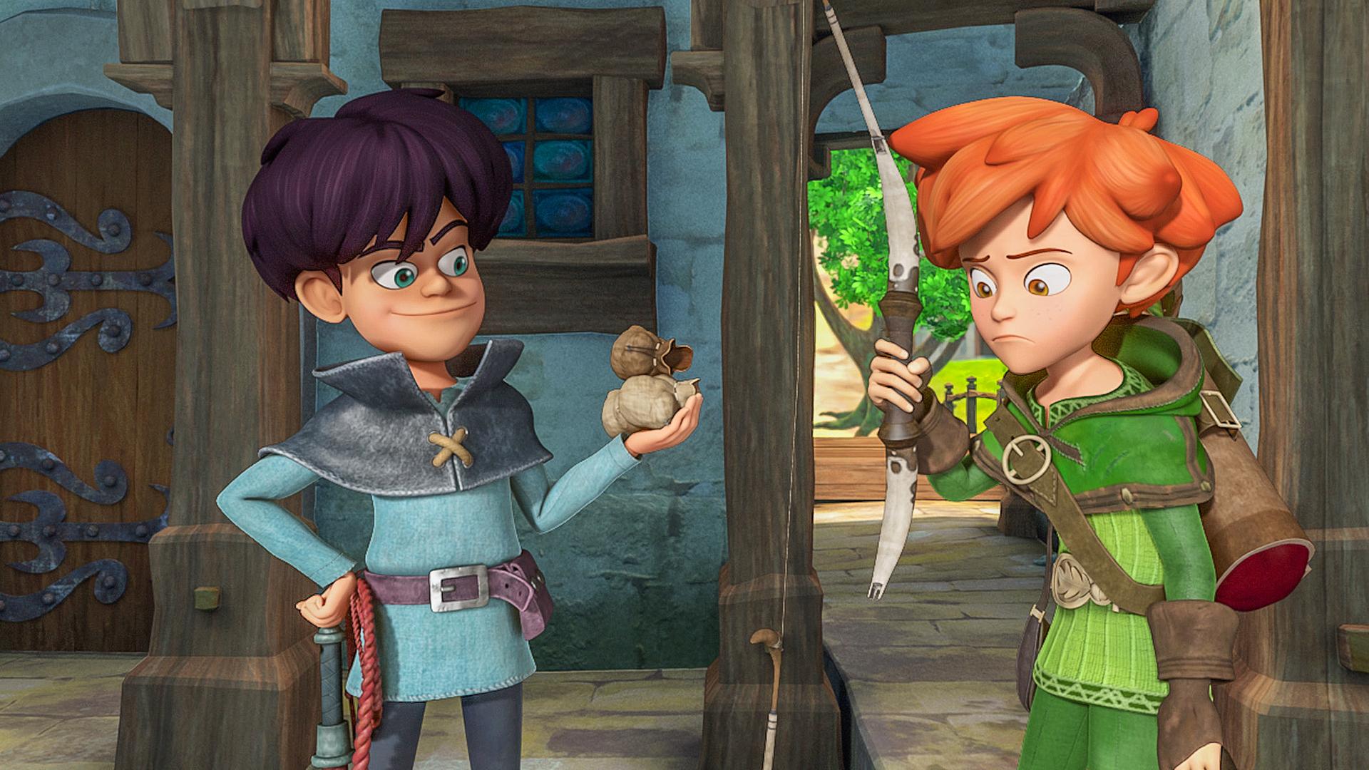 Abenteurer Taramis, mit einem Geldsäckchen in der Hand, steht Robin Hood gegenüber, der seinen kaputten Bogen betrachtet.