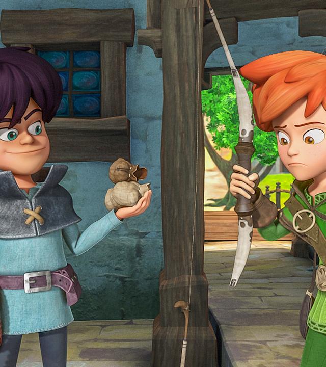 Abenteurer Taramis, mit einem Geldsäckchen in der Hand, steht Robin Hood gegenüber, der seinen kaputten Bogen betrachtet.
