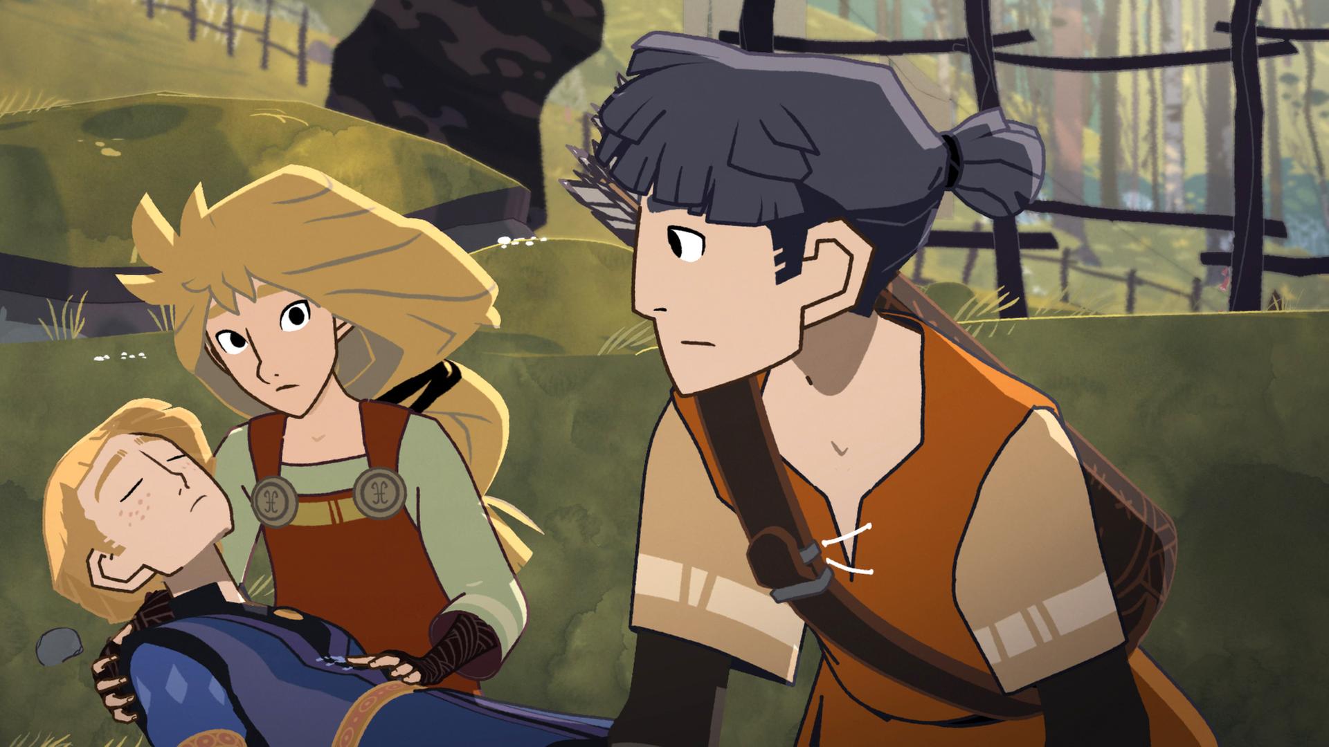 Néel liegt mit geschlossenen Augen in den Armen von Alice. Alice schaut den vor Néel knieenden Hugo fragend an. Auch Hugos Blick geht fragend zu Alice.