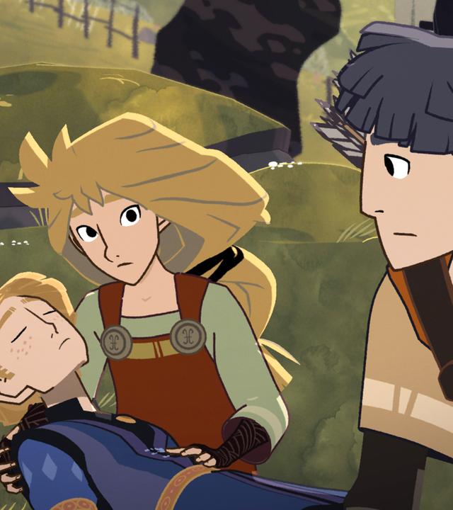 Néel liegt mit geschlossenen Augen in den Armen von Alice. Alice schaut den vor Néel knieenden Hugo fragend an. Auch Hugos Blick geht fragend zu Alice.