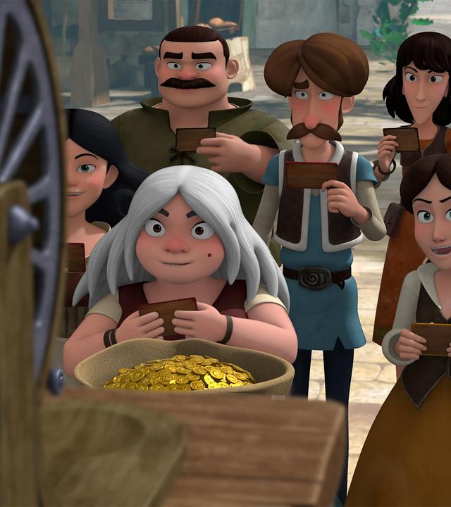 Gespannt warten die Dorfbewohner auf das Ergebnis der königlichen Lotterie. Im Vordergrund sieht man eine hölzerne Lostrommel, in der sich die Kugeln drehen. Davor steht ein geöffneter Sack, der bis oben mit funkelnden Goldmünzen gefüllt ist. Alle haben eine kleine hölzerne Tafel, ihr Los, in der Hand.