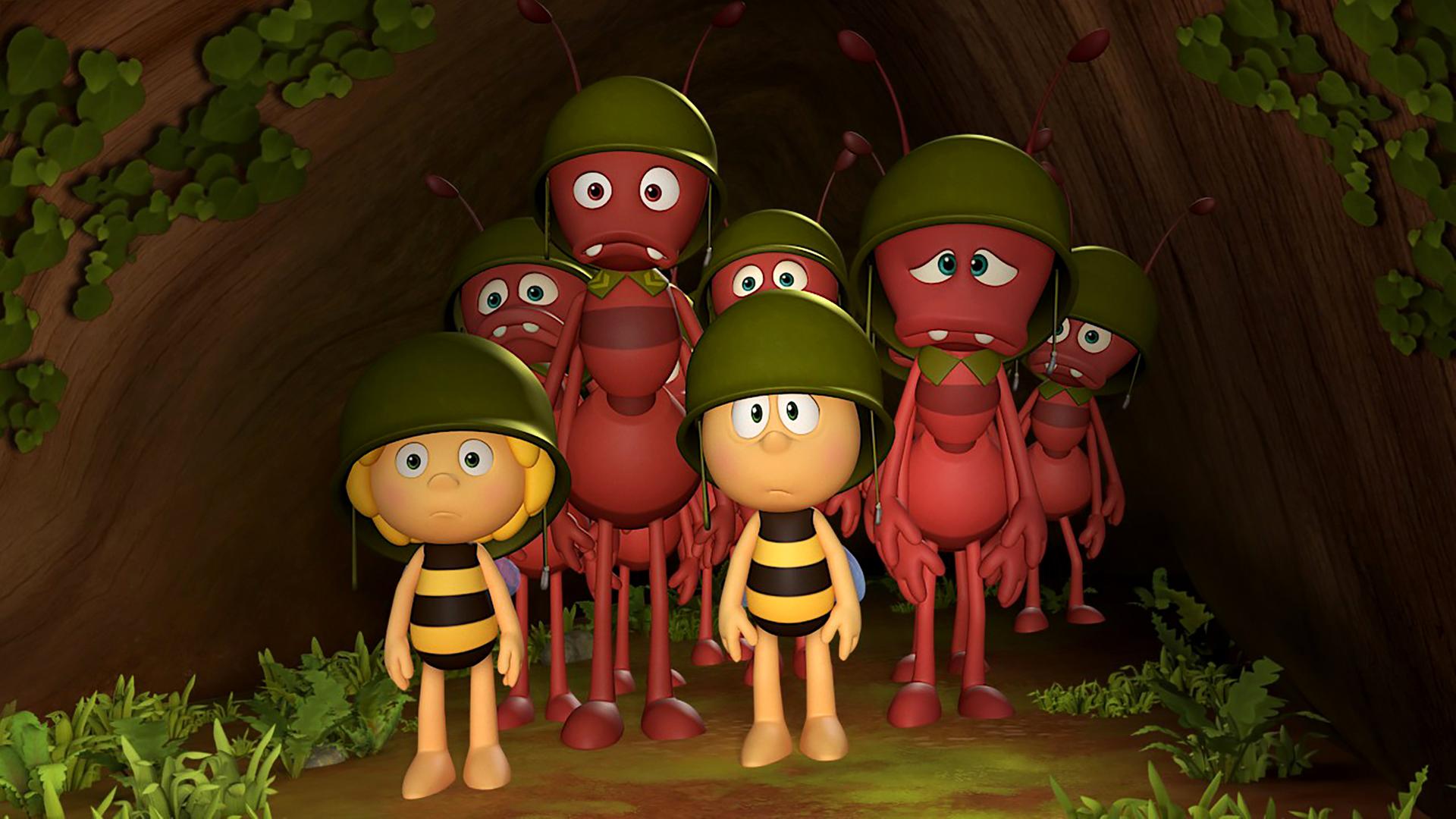 Maja und Willi im Trainingscamp der Ameisen. Weder sie, noch die anderen Ameisen wirken glücklich in ihrer Ausrüstung.