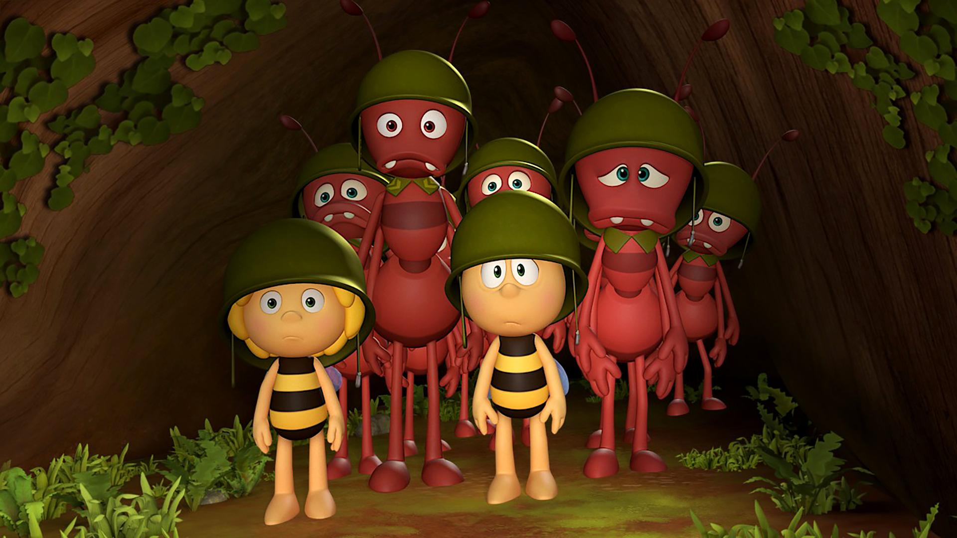 Maja und Willi im Trainingscamp der Ameisen. Weder sie, noch die anderen Ameisen wirken glücklich in ihrer Ausrüstung.