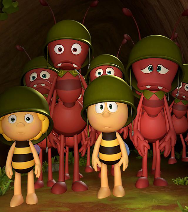 Maja und Willi im Trainingscamp der Ameisen. Weder sie, noch die anderen Ameisen wirken glücklich in ihrer Ausrüstung.