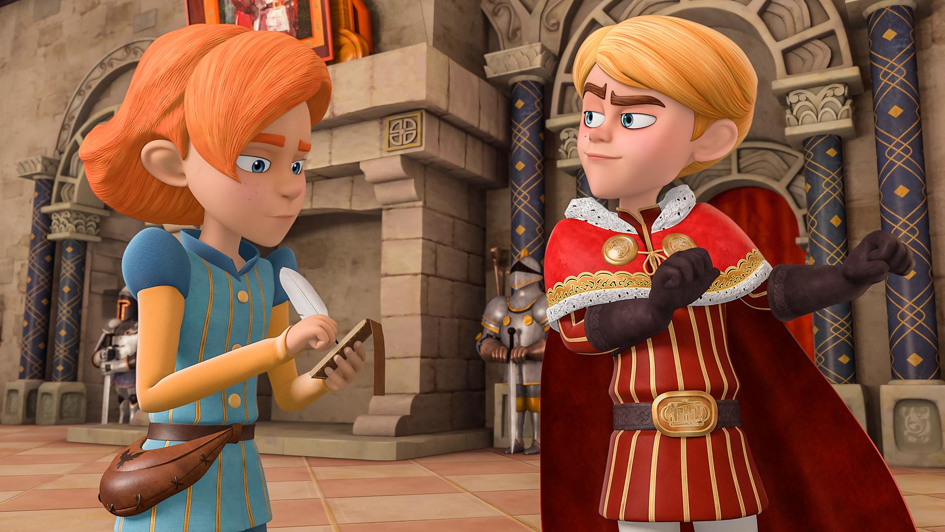 Kevin, der Sohn von Lord Gutfred, ist im Schloss zu Besuch. Eifrig schreibt er mit einer Feder etwas auf seinen Schriftblock. Prinz John, der vor ihm steht, blickt überheblich.