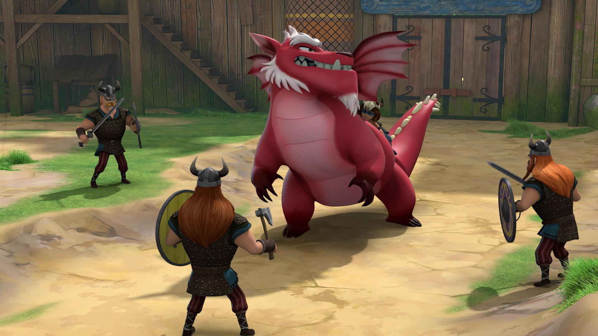  Derke, der Drache, wird von drei bewaffneten Wikingerkriegern in die Enge getrieben. Sie stehen im Kreis um ihn herum. Derke blickt wütend. Auf Derkes Rücken sitzt Stig, der Sohn des Wikingerfürsten Harald.