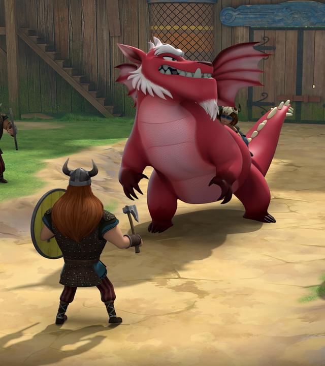  Derke, der Drache, wird von drei bewaffneten Wikingerkriegern in die Enge getrieben. Sie stehen im Kreis um ihn herum. Derke blickt wütend. Auf Derkes Rücken sitzt Stig, der Sohn des Wikingerfürsten Harald.