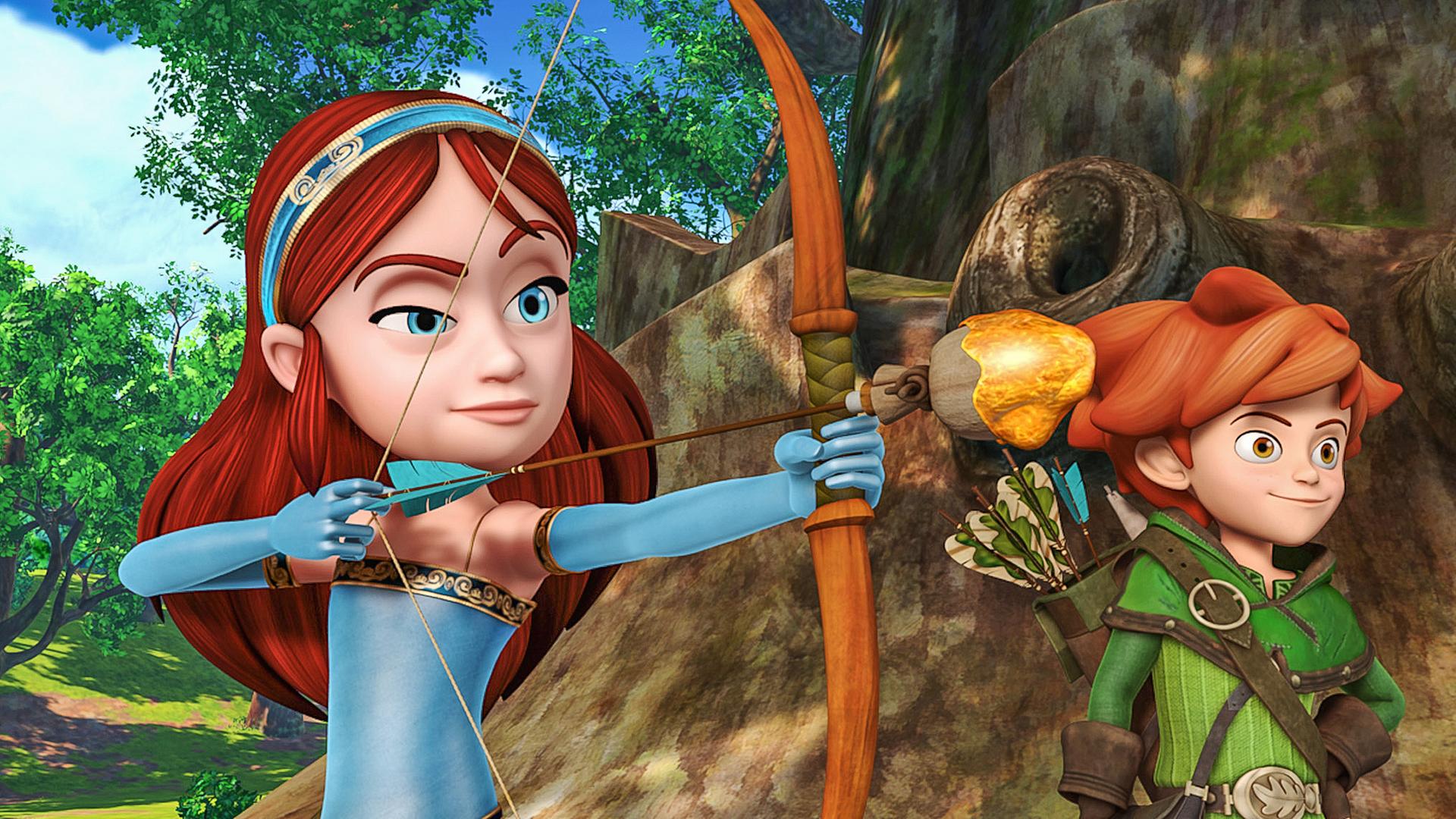 Lady Marian schießt den magischen Pfeil. Robin Hood schaut zu.