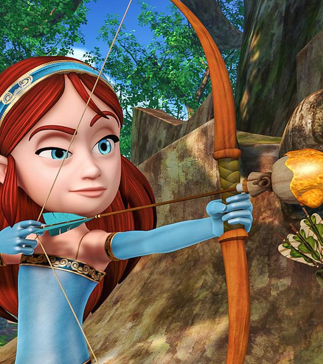 Lady Marian schießt den magischen Pfeil. Robin Hood schaut zu.