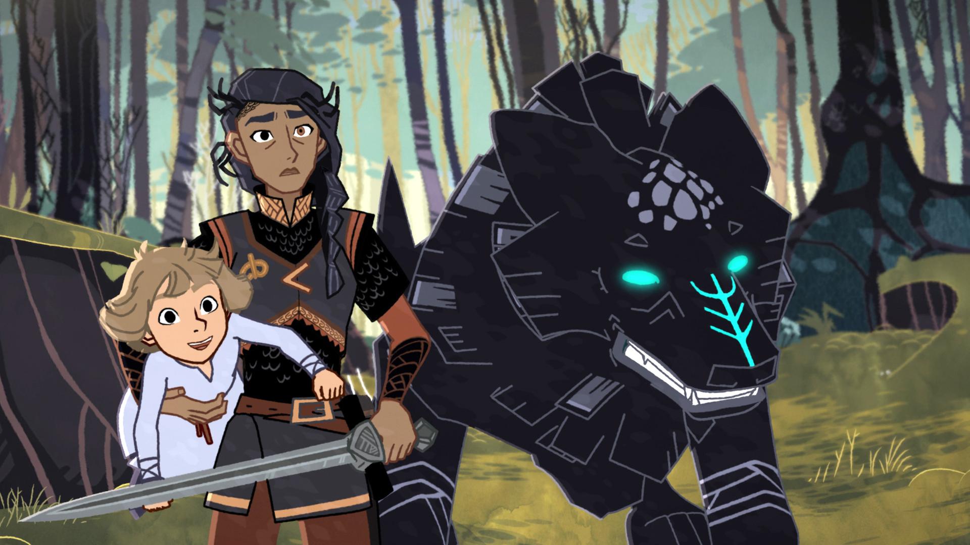 Hela hält die kleine Hilda fest in ihrem rechten Arm. In der anderen Hand hält sie ihr großes Schwert vor sich. Der große Wolf Fenrir mit seinen leuchtenden Augen steht rechts von Hela und zeigt seine furchteinflößenden Zähne. Sie sind im Wald.