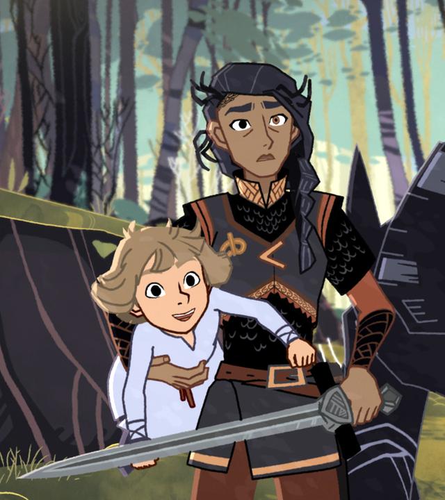 Hela hält die kleine Hilda fest in ihrem rechten Arm. In der anderen Hand hält sie ihr großes Schwert vor sich. Der große Wolf Fenrir mit seinen leuchtenden Augen steht rechts von Hela und zeigt seine furchteinflößenden Zähne. Sie sind im Wald.