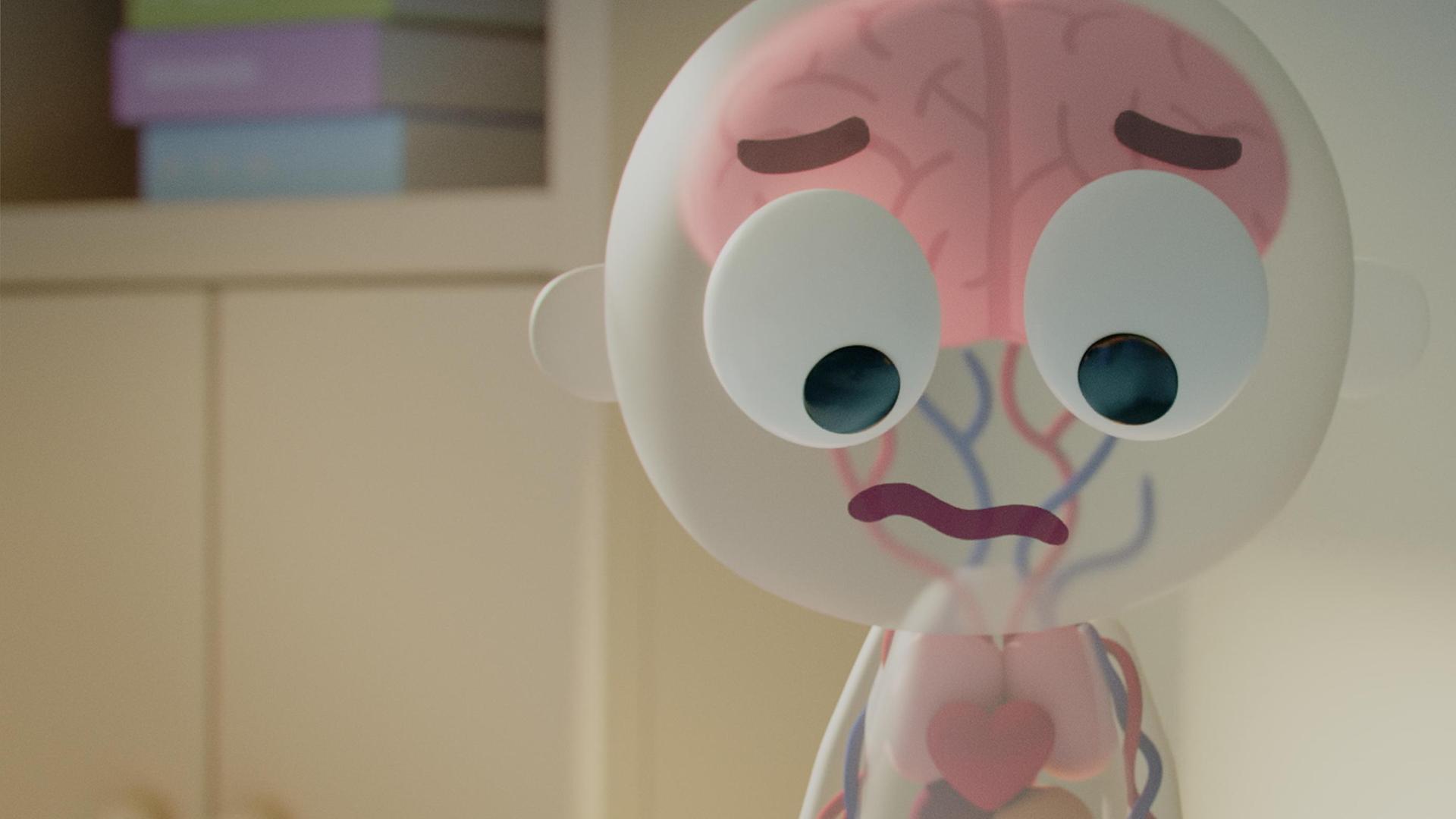 Tessa, ein durchsichtiger Körper, steht im Klassenzimmer und blickt traurig mit gesenktem Kopf nach unten. Durch die transparente Körperhülle sind Tessas Organe sichtbar, besonders ihr rotes Herz.