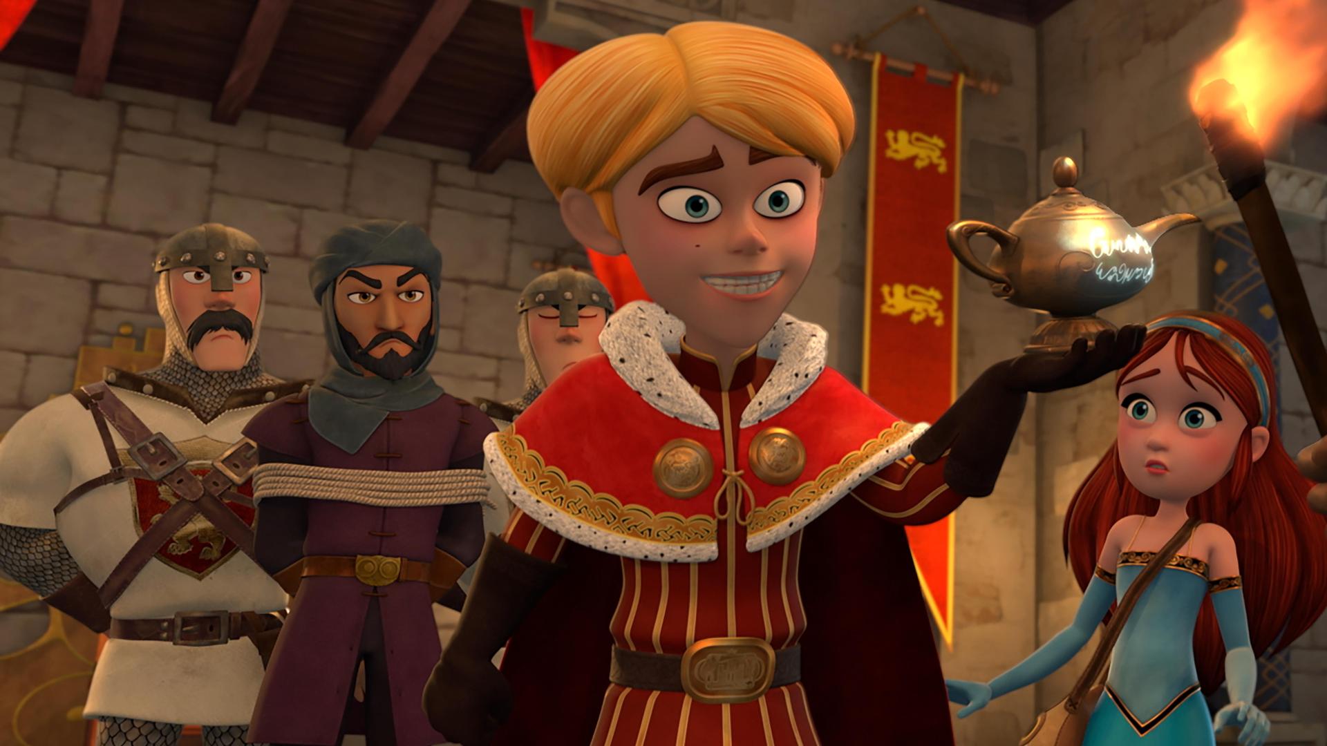 Im Schloss: Prinz John grinst fies und präsentiert dem Sheriff die Wunderlampe. Der Sheriff steht mit brennender Fackel vor Prinz John. Seitlich hinter dem Prinzen blickt Marian ängstlich zu ihrem Cousin. Zwei Soldaten bewachen den gefesselten Mann, der hinter Prinz John steht.