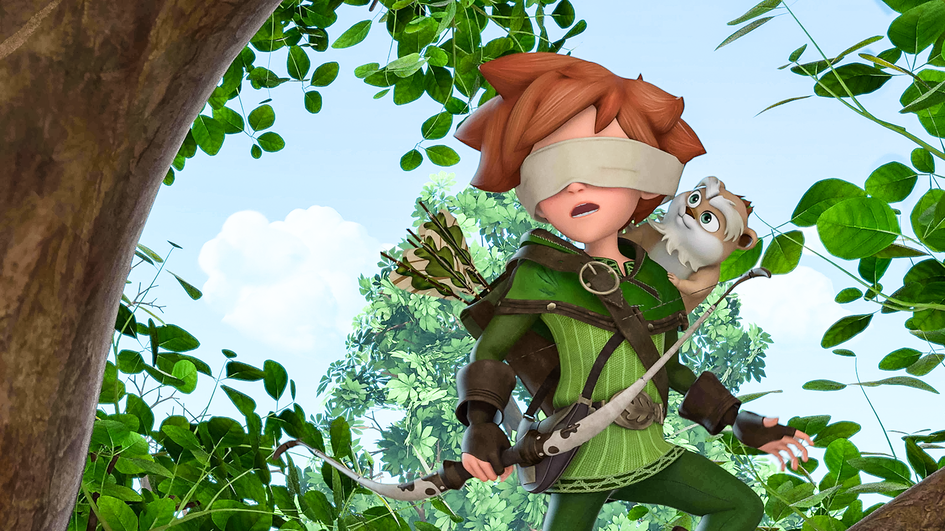 Robin steht mit verbundenen Augen und Pfeil und Bogen auf einem Baum. Auf seiner Schulter sitzt der Hamster Derke und schaut Robin an.