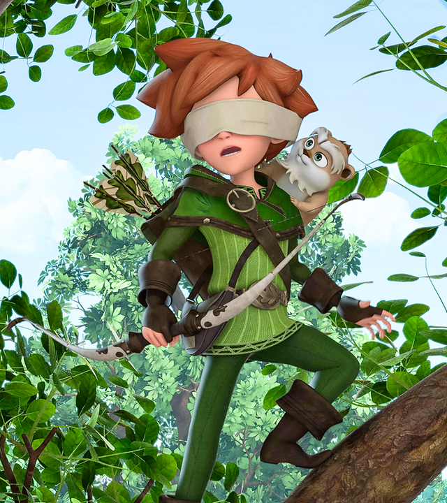 Robin steht mit verbundenen Augen und Pfeil und Bogen auf einem Baum. Auf seiner Schulter sitzt der Hamster Derke und schaut Robin an.