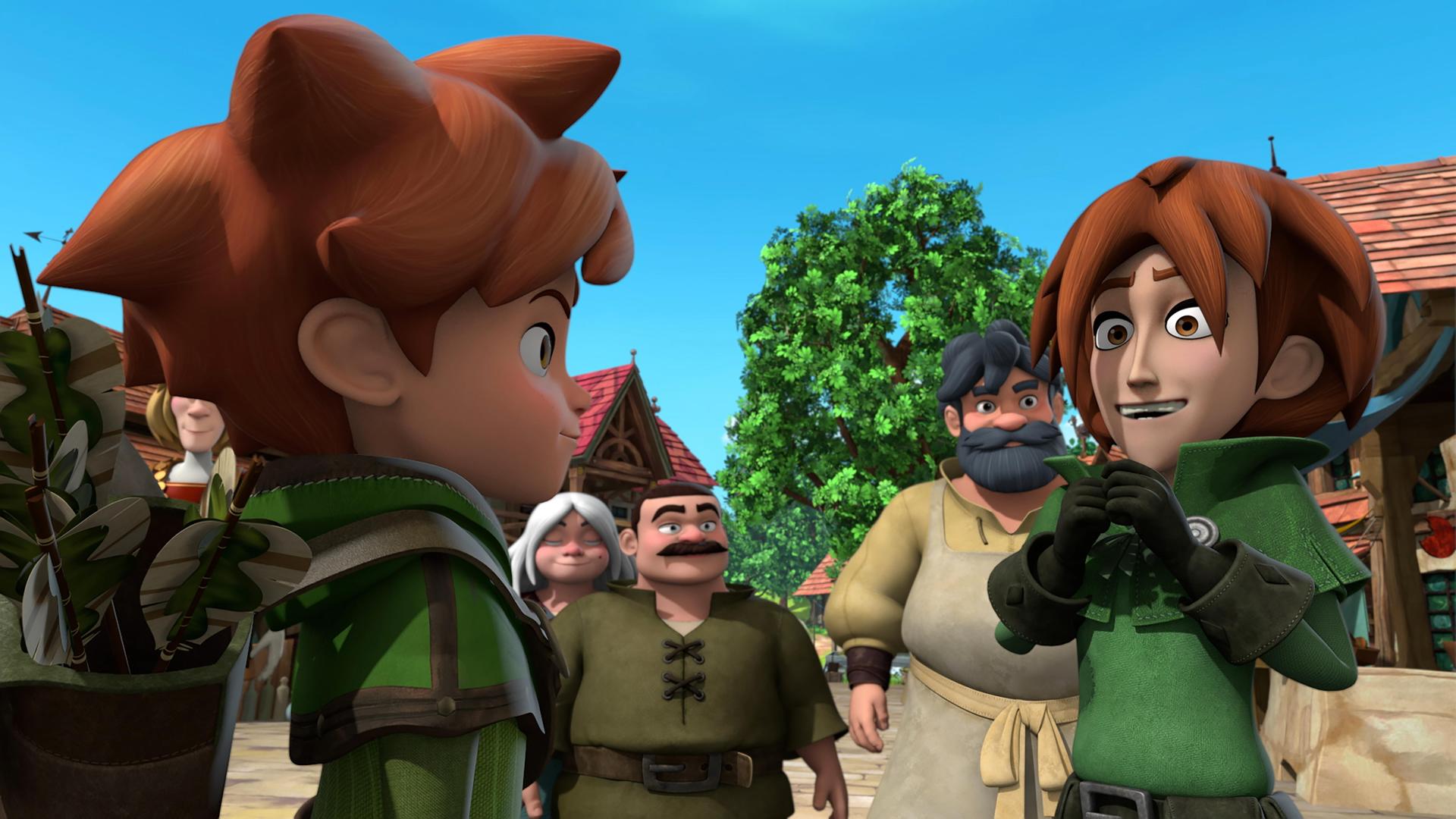 Im Dorf haben sich die Bewohner staunend blickend zusammengestellt. Vor ihnen steht Robin Hood seinem Fan Terry gegenüber. Terry imitiert ihn in Kleidung und Frisur und ähnelt ihm wirklich sehr.
