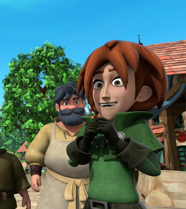 Im Dorf haben sich die Bewohner staunend blickend zusammengestellt. Vor ihnen steht Robin Hood seinem Fan Terry gegenüber. Terry imitiert ihn in Kleidung und Frisur und ähnelt ihm wirklich sehr.