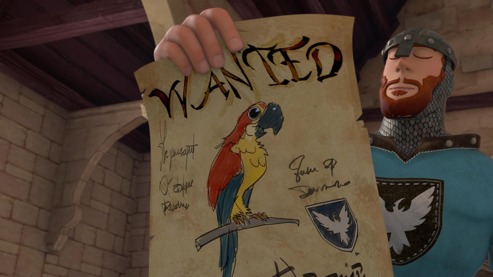 Ein Soldat hält ein Papier-Plakat in der Hand, auf dem ein bunter Papagei abgebildet ist. Über dem gemalten Papagei steht in großen Buchstaben "WANTED". Außerdem sind auf dem Papier-Plakat Schriftzüge, das Wappen von Lord Gutfred und Geldtaler in einem Sack zu sehen.