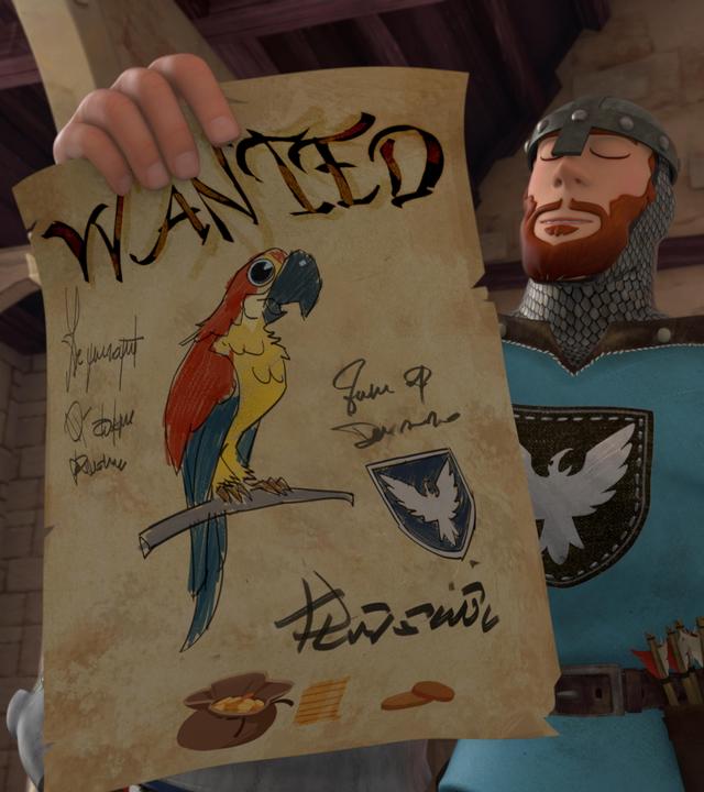 Ein Soldat hält ein Papier-Plakat in der Hand, auf dem ein bunter Papagei abgebildet ist. Über dem gemalten Papagei steht in großen Buchstaben "WANTED". Außerdem sind auf dem Papier-Plakat Schriftzüge, das Wappen von Lord Gutfred und Geldtaler in einem Sack zu sehen.