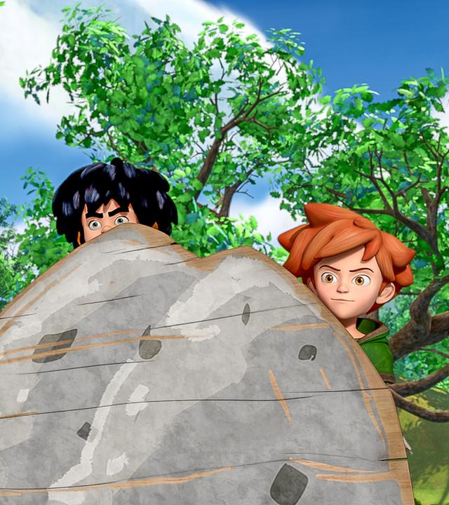 Tuck, Little John und Robin Hood gehen in Deckung hinter einem großen Stein. Nur ihre Köpfe schauen hervor.