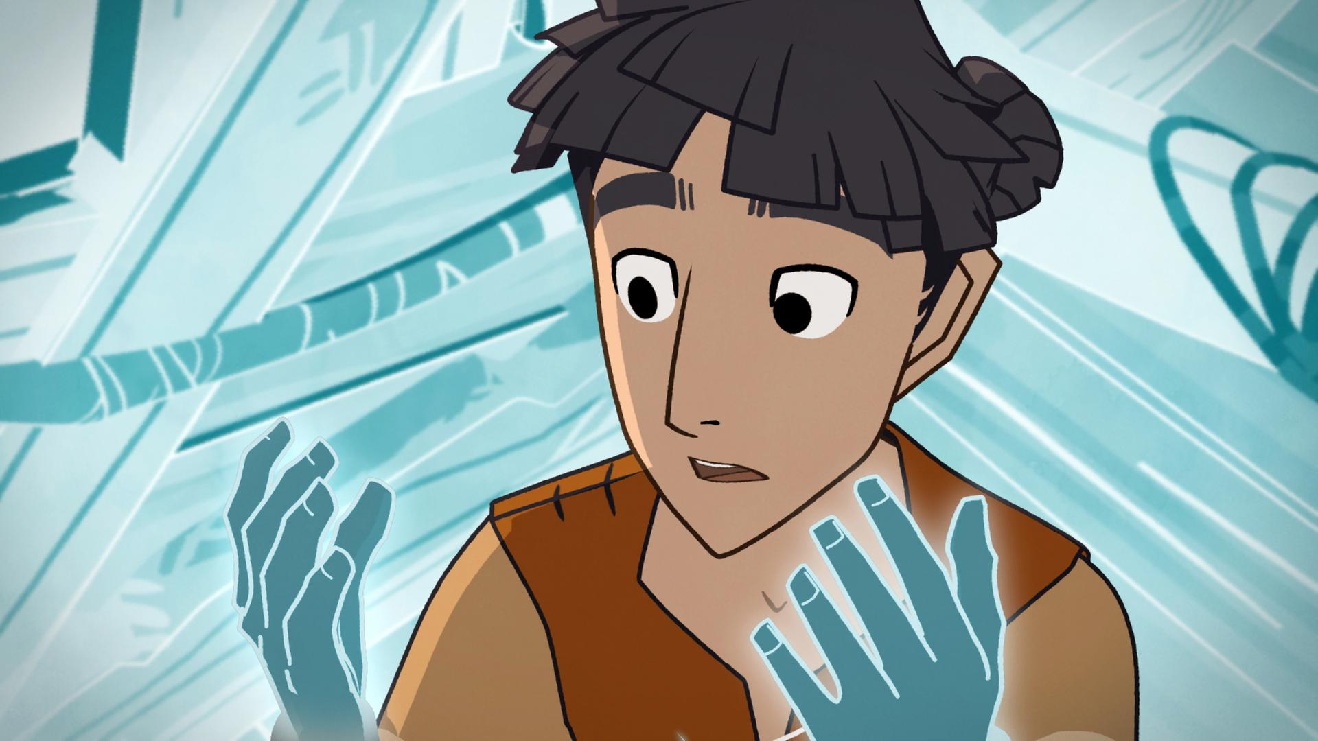 Hugo hält seine beiden Hände vors Gesicht und schaut erschreckt darauf, weil diese sich verändert haben. Sie sind blau und durchscheinend.