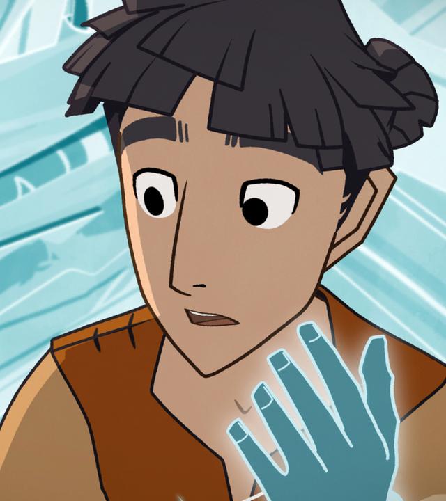 Hugo hält seine beiden Hände vors Gesicht und schaut erschreckt darauf, weil diese sich verändert haben. Sie sind blau und durchscheinend.