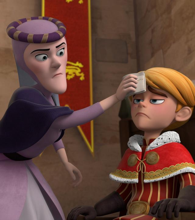 Besorgt kümmern sich Lady Rohesia und Marian um den vergifteten Prinz John. Er sitzt auf seinem Thron und lässt sich gefallen, dass Lady Rohesia ihm ein kühlendes Tuch auf die Stirn hält. Dabei sieht er sehr leidend aus.