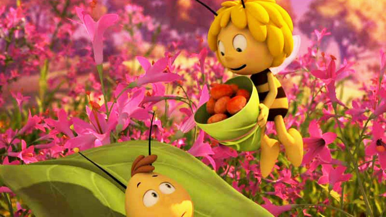 Maja (mitte oben) hat fleißig Bienenpollen gesammelt und zeigt sie Willi, der auf einem Blatt liegt (links).