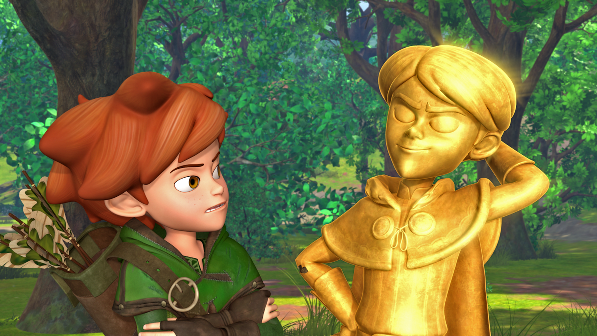 Robin betrachtet abschätzig die goldene Statue des Prinzen John.