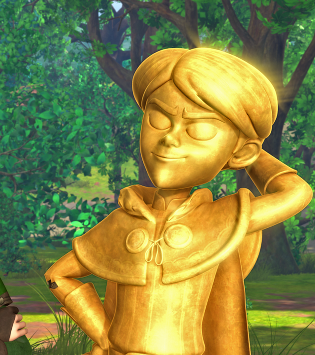 Robin betrachtet abschätzig die goldene Statue des Prinzen John.