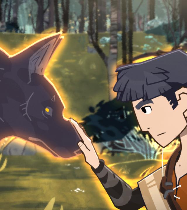 Hugo steht im Wald einem Wolf gegenüber und hat seine rechte Hand auf dessen Schnauze gelegt. Beide schauen sich in die Augen. Hugo und der Wolf sind von einem magischen Licht ummantelt.