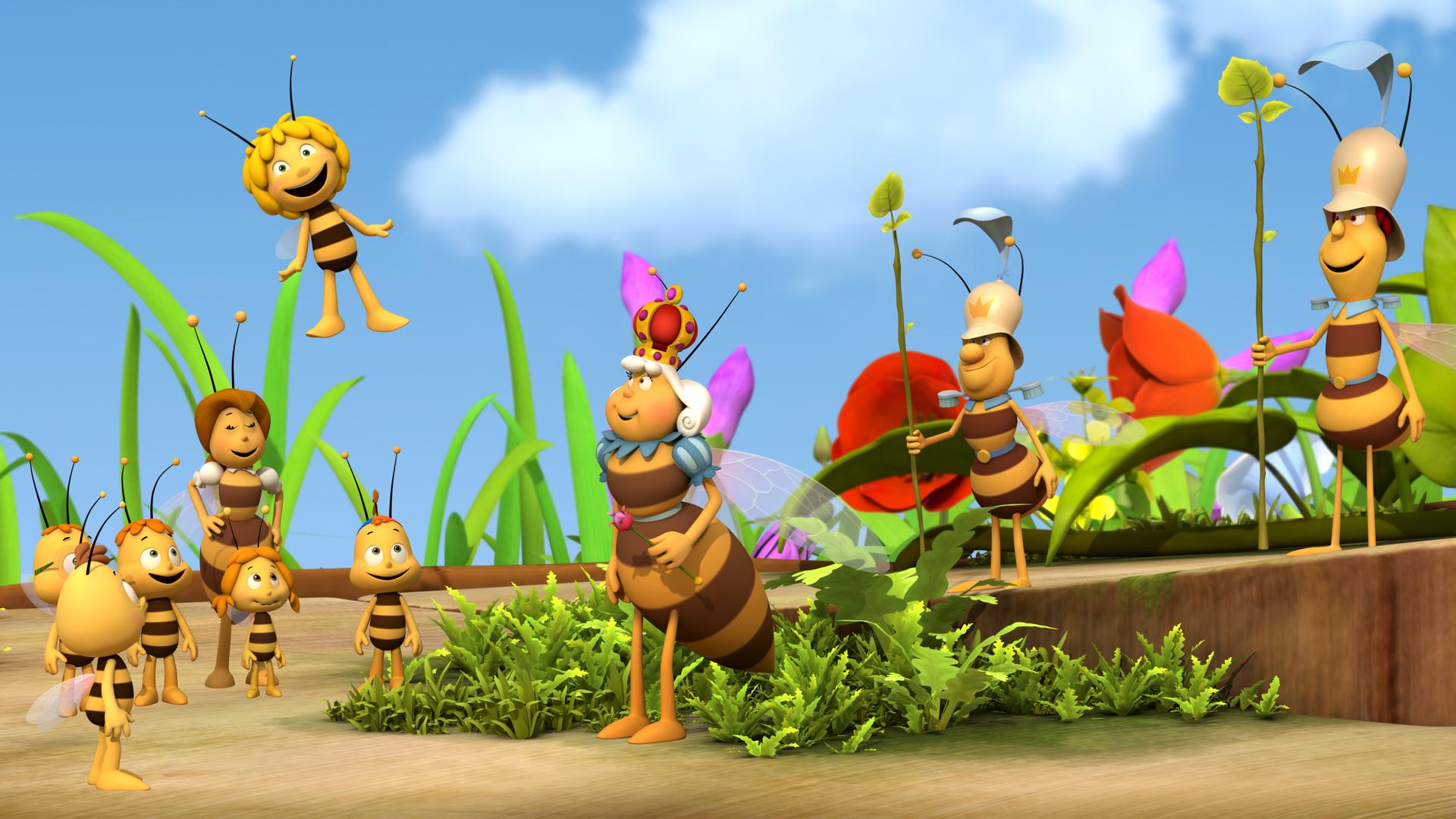 Alle Wiesenbewohner tanzen, selbst die Bienenkönigin! Maja fliegt sogar tänzelnd in der Luft.