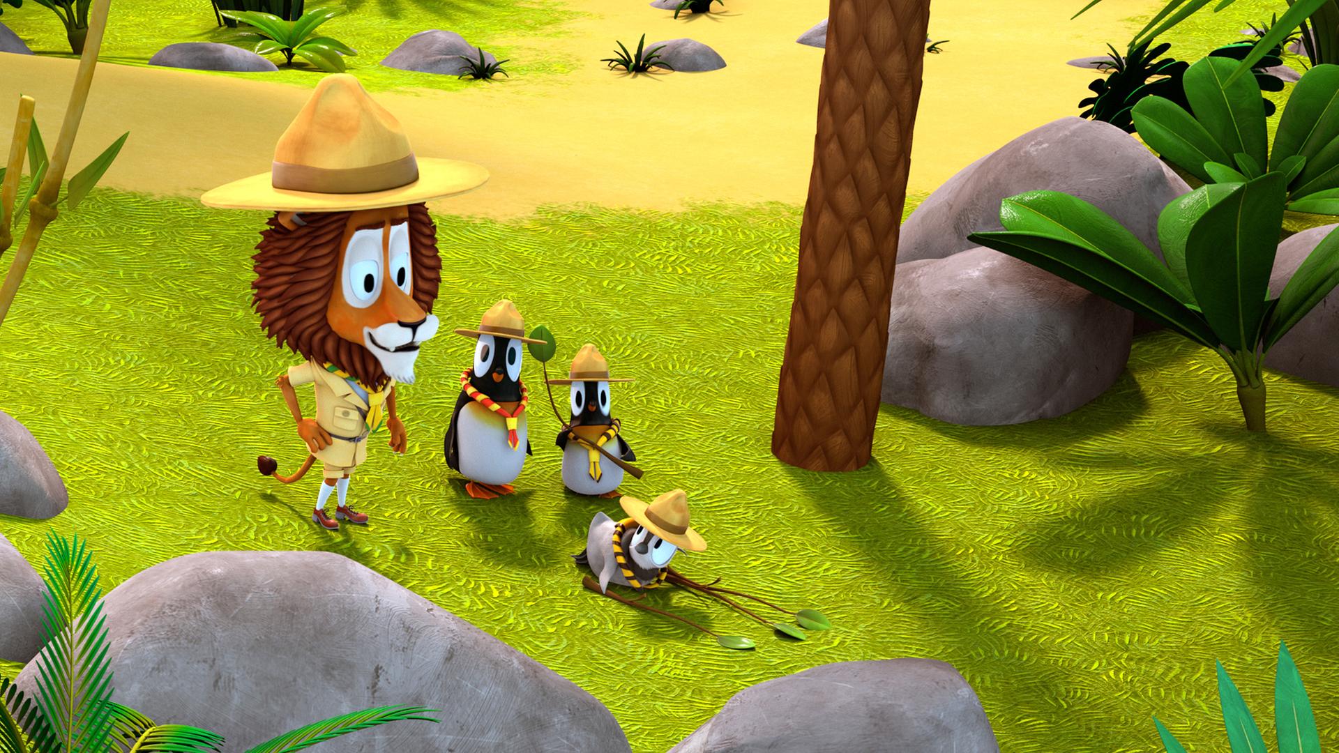 Lionel und die Pinguine tragen eine Pfadfinderuniform. Zwei der Pinguine stehen neben Lionel und vor ihnen liegt Kurti auf dem Boden.