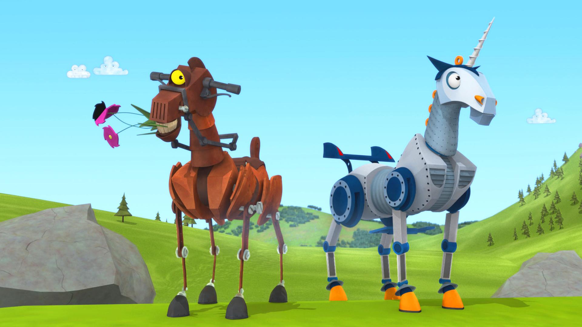 Zwei sichtlich verliebte Pferde stehen nebeneinander und werfen sich verstohlene Blicke zu. Feuerstuhl (li) hält Blumen im Maul. 